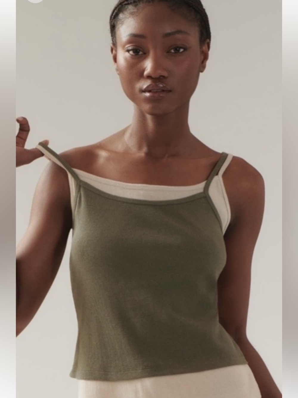 NWT Anthropologie Pilcro Olive Green Double-Layer Tank with Cream Trim / xsmall